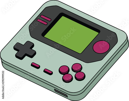 Retro handheld video game console with green screen and buttons in isometric view