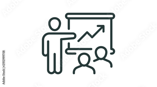 Professional business presenter explaining financial growth chart trends to corporate employees during a formal meeting in this minimalist vector graphic illustration