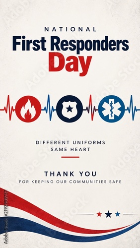 National first responders day graphic with icons and heartbeat line representing unity and public