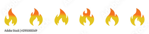 Fire flame symbol collection with various blazing shapes, bonfire icons, and heat elements in modern flat design.