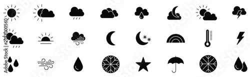 Weather symbols and forecast icons featuring sunny days, cloudy skies, moon, snowflakes, wind, and atmospheric conditions. Vector design.