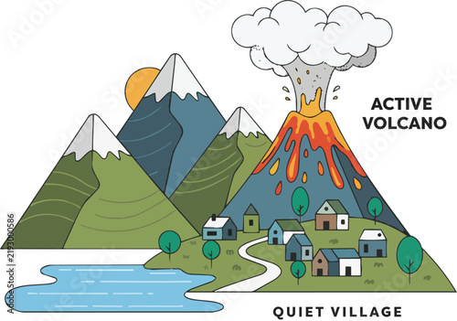 Mountain Landscape with Active Volcano Beside a Quiet Village, Simplified Educational Geography Illustration