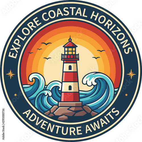 Classic Lighthouse with Stylized Ocean Waves and Warm Sunset Circle, Nostalgic Travel Badge Vector Illustration