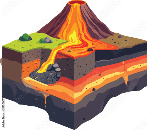 Cross Section Volcano Diagram Showing Magma Chamber Lava Flow Crater and Underground Layers, Educational Infographic