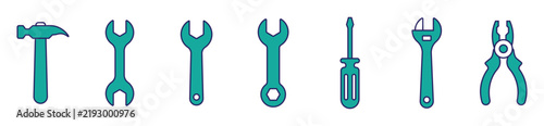 Tool icon set with wrench, screwdriver, gear, and repair symbols for maintenance, service, mechanics, and technical support. Modern vector illustration.