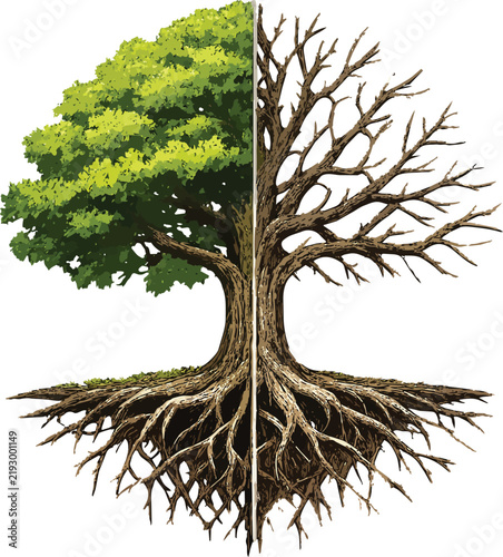 Half Green Healthy Tree and Half Dry Dying Tree with Exposed Roots, Symmetrical Climate Change Concept