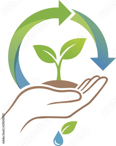 Hands Gently Holding a Young Green Seedling Inside a Circular Sustainability Symbol, Clean Eco Concept