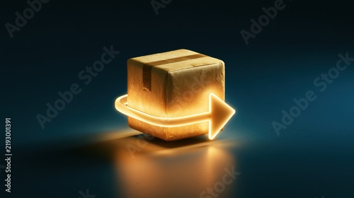 A glowing return arrow surrounds a generic parcel in a blue setting. The design highlights the ease of returning items.