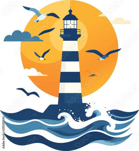 Minimal Coastal Lighthouse Icon with Seagulls Waves and Rising Sun, Flat Retro Nautical Vector Illustration