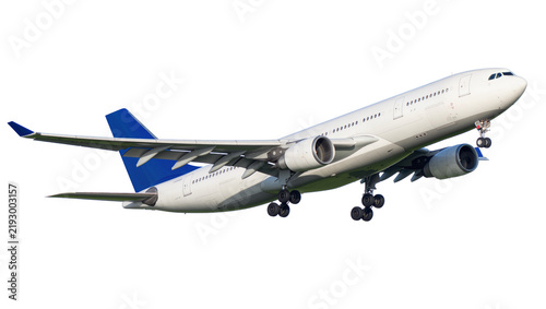 White passenger jet airplane with blue tail landing gear down, isolated on transparent background