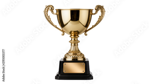 Golden trophy with ornate handles and blank plaque, isolated on transparent background