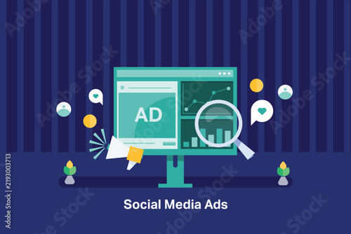 Social media advertising report analysis on computer screen, data analysis shows campaign performance including engagement, traffic and sales conversions.