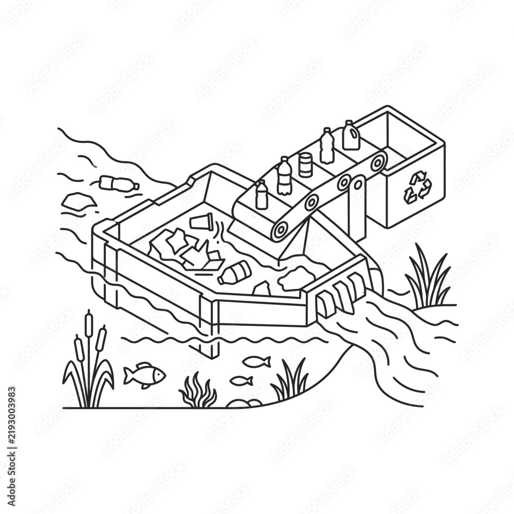 Fototapeta premium Isometric line art illustration of a river waste collection system for plastic recycling
