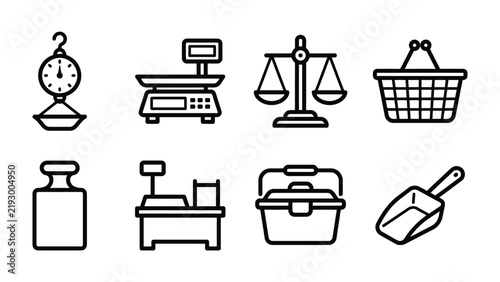 Foto Collection of Weighing Scales and Shop Accessories: A set of graphic icons depicting various types of weighing scales, a cash register, a shopping basket, and a scoop