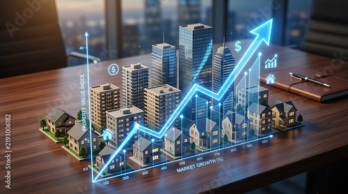 Glowing blue business graph showing city real estate market growth with skyscrapers on a dark office desk surface