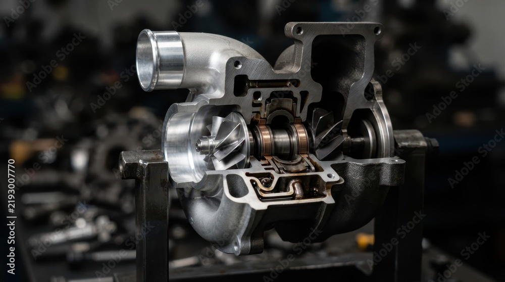 Fototapeta premium Turbocharger cutaway showing compressor impeller, turbine blades, oil passages and polished intake tubing