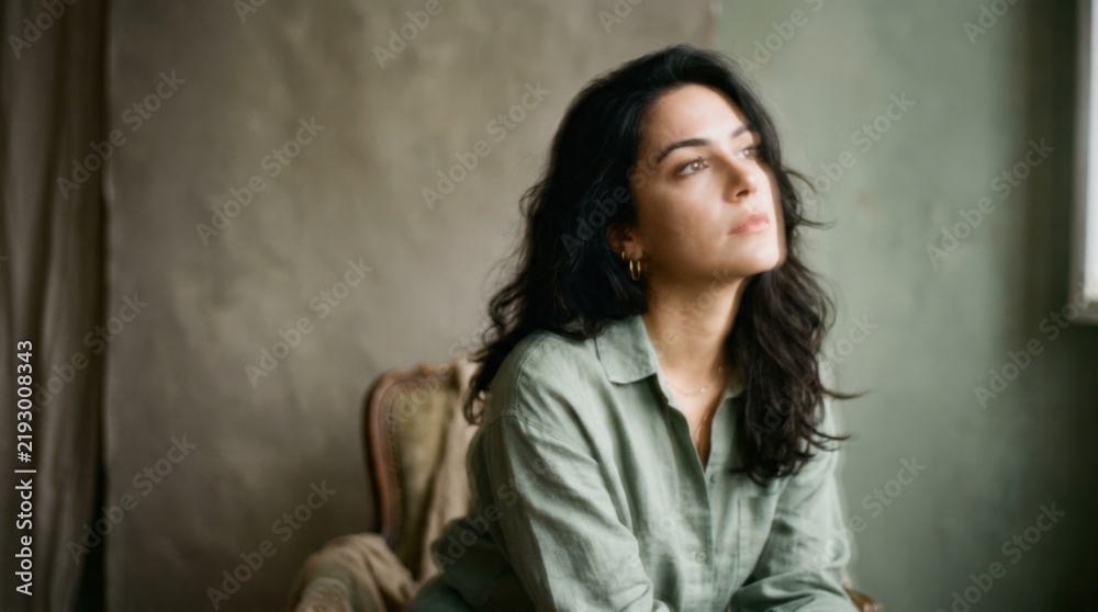 Fototapeta premium Dreamy portrait of a dark-haired woman in a muted green shirt, intentional soft focus and slight motion blur, warm gray and sage palette, neutral studio background, contemplative upward gaze, analog