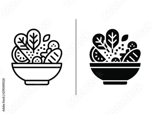 Healthy salad bowl icon with leafy vegetables and fresh produce for nutrition, vegan food, healthy eating and restaurant branding