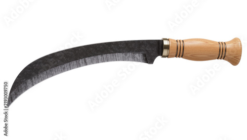 Foto Curved metal blade sickle with wooden handle, isolated on transparent background