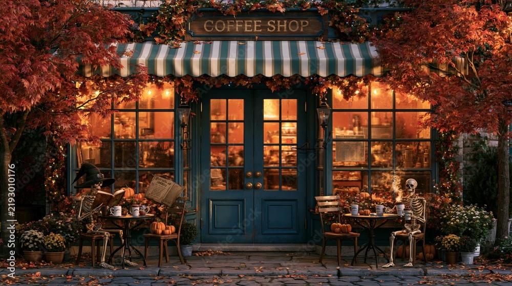 Fototapeta premium a cozy autumnal scene outside a coffee shop. The shops facade is adorned with a green and white striped awning, and its glass windows reflect the warm glow of the setting sun.
