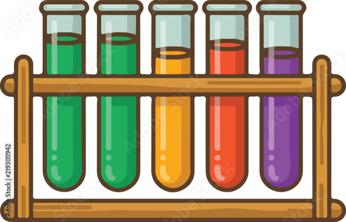 Colorful test tubes in wooden rack with vibrant chemical liquids for science education