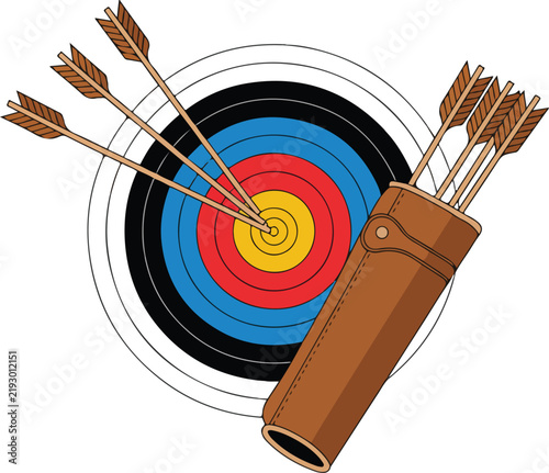 Colorful archery target with bullseye arrows hitting center and brown leather quiver