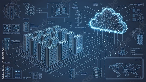 Server farm connected to a luminous cloud network during a digital blueprint schematic presentation