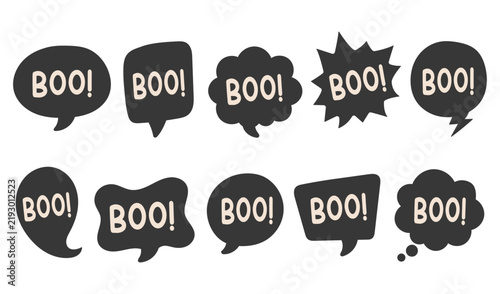 Vector set of black Halloween speech bubbles and chat boxes with the text boo. Playful elements for holiday party invitations, banners, and spooky graphics