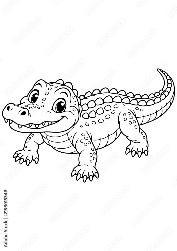 Fototapeta premium Cute baby crocodile with textured scales and a friendly smile, black and white vector coloring page for kids, toddler activities, and laser engraving.