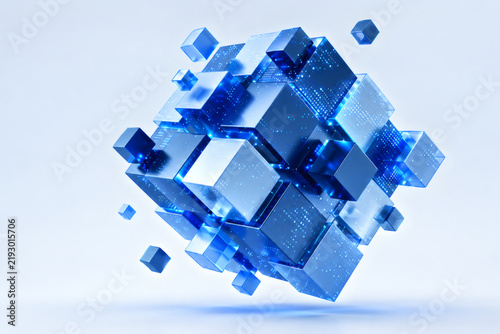 Abstract 3D cube cluster with glowing blue light representing data technology and complex systems isolated on a light background