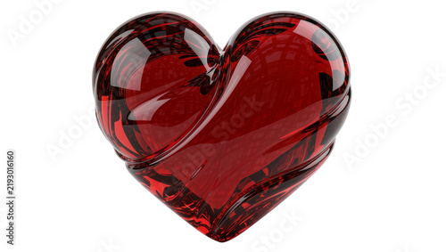 Quadro su tela Deep red glass heart with swirling dark patterns, isolated on transparent backgr