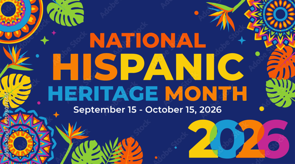 Obraz premium National Hispanic Heritage Month 2026 banner, vibrant Latin American cultural celebration vector with tropical leaves and mandala patterns