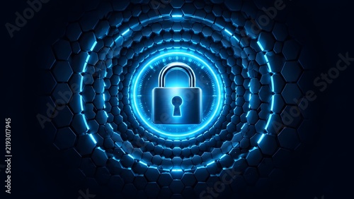 Hexagonal Cybersecurity Vault With Glowing Neon Padlock For Maximum Data Encryption Defense