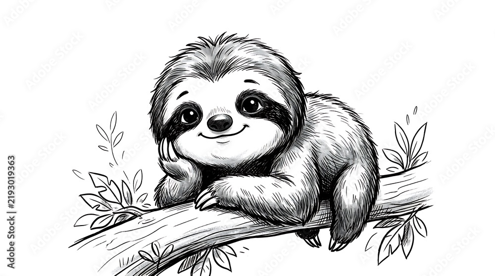 Fototapeta premium Cute little sloth hanging on a tree branch drawing black and white pencil sketch illustration for kids room decor