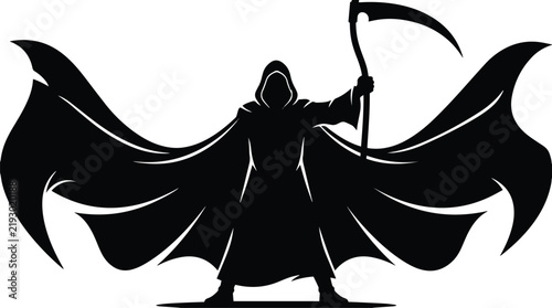 Obraz na płótnie Black silhouette of powerful Grim Reaper wearing wide flowing cloak and holding