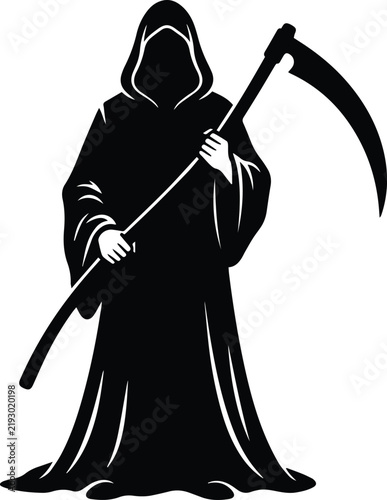 Foto Black silhouette of menacing Grim Reaper holding long scythe with hooded robe ve