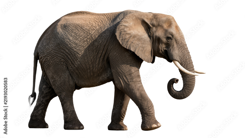 Fototapeta premium African elephant with tusks walking, isolated on transparent background