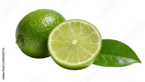 Whole green lime and half lime with leaf, isolated on transparent background
