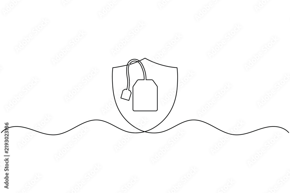 Obraz premium Tea bag inside shield protection continuous one line drawing healthy beverage icon vector illustration