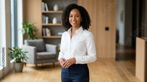 Confident curly-haired woman in a crisp white blouse standing in a softly lit contemporary interior, professional lifestyle portrait photography, warm neutral background, natural expression, realistic
