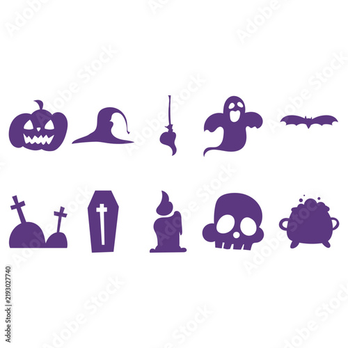 halloween silhouettes isolated on white background, vector illustration of purple jack o lantern, witch hat, hanging spider, ghost, bat, graveyard, coffin, candle, skull, witch cauldron, and spooky pa