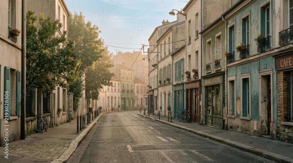 Fototapeta premium Quiet urban street and low buildings beneath warm afternoon light, cinematic environmental photography, desaturated beige, muted teal and dusty green palette, empty road, subtle haze, film grain and