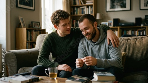 Supportive Friendship Moment Between Two Men Sharing Joy on Couch Indoors Lifestyle Emotional Connection