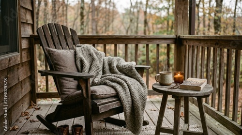 Cozy wooden porch chair draped with a thick gray-beige blanket beside a small rustic table, autumn lifestyle photography, muted taupe and brown palette, soft forest background, natural overcast light,