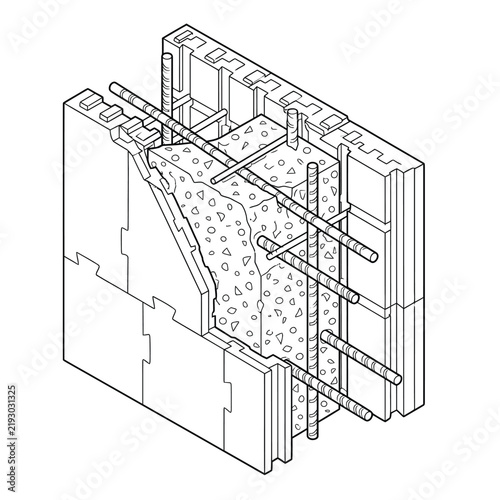 Isometric Cross-Section Illustration of Insulated Concrete Form (ICF) Wall with Reinforcing Rebar and Concrete Core - Technical Line Art for Construction and Engineering