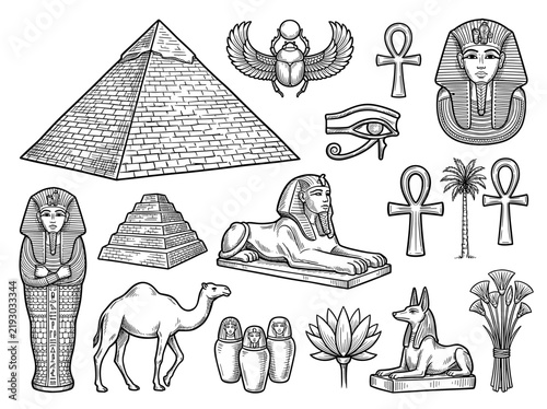 Collection of hand drawn ancient egyptian icon doodle on white background for children color book, isolated black ink sketch of pyramid, sphinx, and pharaoh symbol
