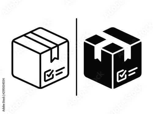 Shipping package line icon with check mark for ecommerce orders, delivery, purchase confirmation, retail fulfillment, parcel and logistics