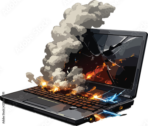 Broken Laptop with Sparks and Overheating Smoke, Computer Failure and Technical Problem Concept, Clean Editorial Vector