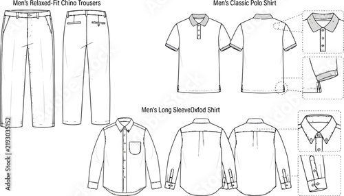 Set of men clothing technical sketches including relaxed fit cotton trousers, classic polo shirt and long sleeve button down casual office shirt design templates