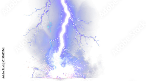 Картината върху платно Vibrant purple lightning bolt striking the ground with electric sparks and smoke, isolated on transparent background, perfect for game assets, sci-fi posters, and high-impact visual effects